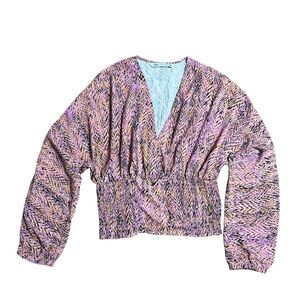 ZARA Women’s Pink Print Faux Wrap Cropped Peplum Long Sleeve Blouse-Size S